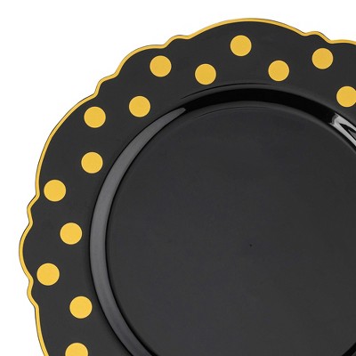Smarty Had A Party 10.25" Black w/ Gold Dots Blossom Plastic Dinner Plates - 120 Plates