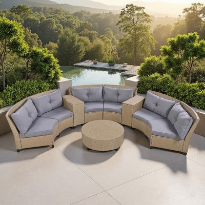 130.3" Outdoor Rattan Half-Moon Sectional Sofa Set with Coffee Table and Side Table, Free Combination