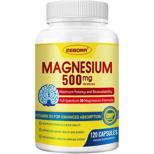 ZEBORA 10-in-1 Mag Complex: 500mg Glycinate + Citrate & Malate, Chelated, High Absorption, with D3 & Zinc – Supports Nerves, Muscles & Bones – 120ct - 1 of 4
