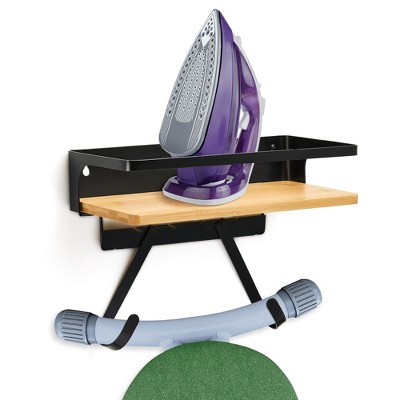 Ironing Board Holder with Shelf - Hinged Hook Platform - Ironing Board Wall Hanger (Includes Hardware)