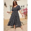 Women Plus Size Maxi Dress V Neck Summer Dress Short Sleeve Long Dress High Waist Ruffle Casual Dress with Belt - 2 of 4