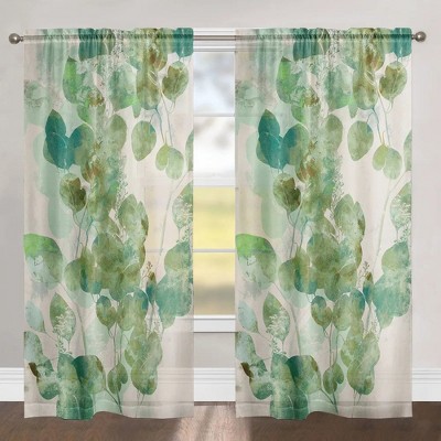 Laural Home Green Watercolor Eucalyptus Leaves 84" Sheer Window Panel, 1pc