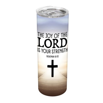 Elanze Designs The Joy of the Lord Is Your Strength Nehemiah 8:10 Cross 20 ounce Stainless Steel Travel Tumbler with Lid For Your On The Go Beverages