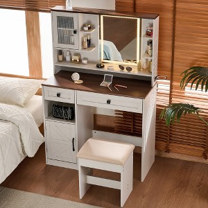 MOEPISY Farmhouse Makeup Vanity Desk with Mirror and Lights, Dressing Table Set with Charging Station and Stool - 1 of 4