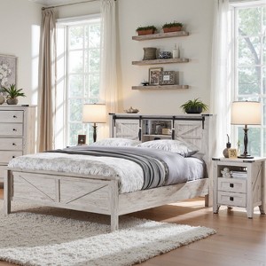 SinCiDo Farmhouse Full Size Bed Frame w/Storage Bookcase Headboard & Charging Station, Wood Platform Bed w/Wood Slat Support - 1 of 4