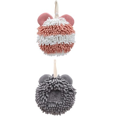 REGALWOVEN 2 Packs Chenille Fuzzy Cute Bear Shape Decorative Soft Absorbent Hanging Ball Hand Towels 7" x 7"