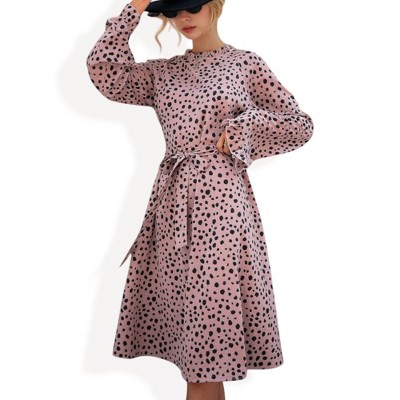 Anna-Kaci Women's Long Sleeve Printed Midi Dress with Ruffle Trim and Waist Tie