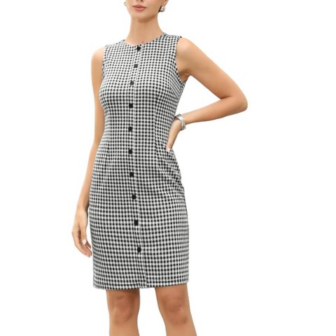 Женские платья INSPIRE CHIC Women's Sleeveless Plaid Round Neck Summer Work Office Casual Bodycon Midi Dress Medium Black