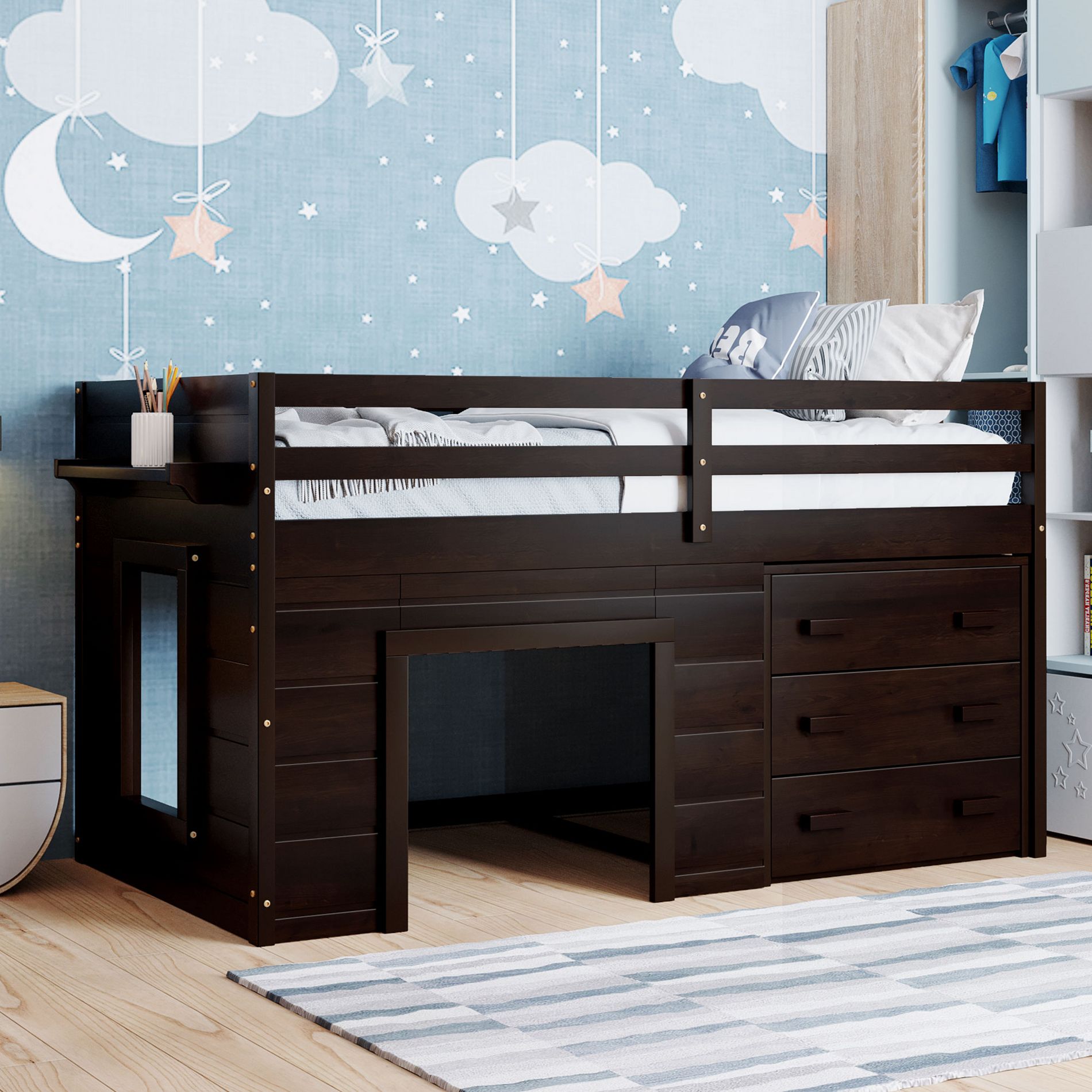 Twin Size Low Loft Bed with 3 Drawers and Shelf, Espresso - ModernLuxe