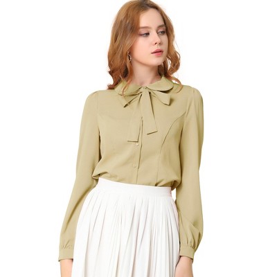 INSPIRE CHIC Women's Peter Pan Collar Bow Tie Neck Puff Long Sleeve Workwear Button Blouses