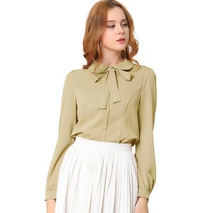 INSPIRE CHIC Women's Peter Pan Collar Bow Tie Neck Puff Long Sleeve Workwear Button Blouses - 1 of 4