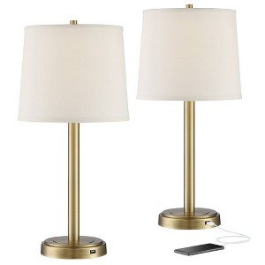 360 Lighting Camile Modern Table Lamps 25" High Set of 2 Brass Metal with USB Charging Port Oatmeal Drum Shade for Bedroom Living Room Bedside Desk - 1 of 4