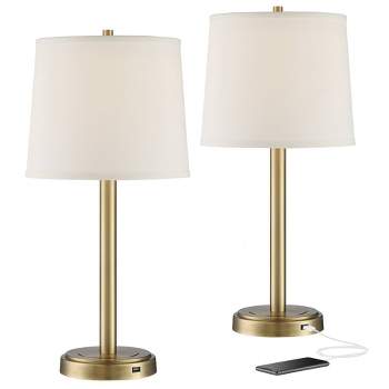 360 Lighting Camile Modern Table Lamps 25" High Set of 2 Brass Metal with USB Charging Port Oatmeal Drum Shade for Bedroom Living Room Bedside Desk