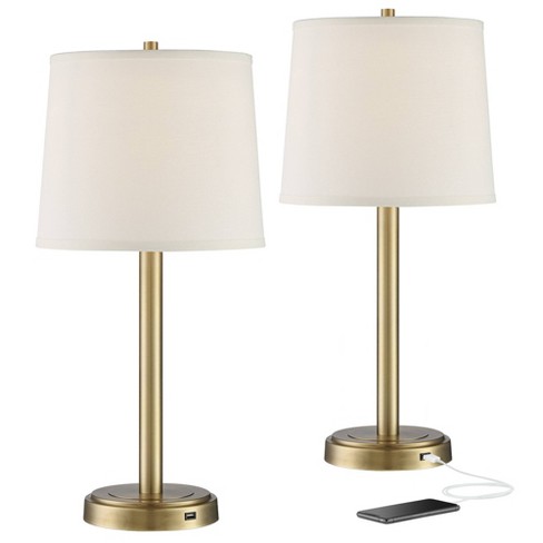 360 Lighting Camile Modern Table Lamps 25 High Set of 2 Brass Metal with  USB Charging Port Oatmeal Drum Shade for Bedroom Living Room Bedside Desk