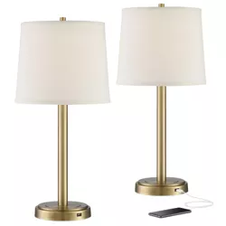 360 Lighting Modern Glam Table Lamps 25" High Set of 2 with USB Charging Port Base Brass Metal Drum Shade Living Room Desk Bedroom House Bedside