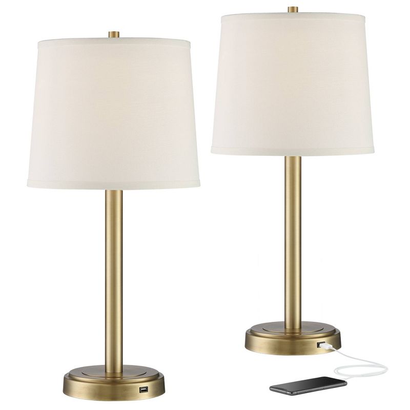 360 Lighting Camile Modern Table Lamps 25" High Set of 2 Brass Metal with USB Charging Port Oatmeal Drum Shade for Bedroom Living Room Bedside Desk, 1 of 8