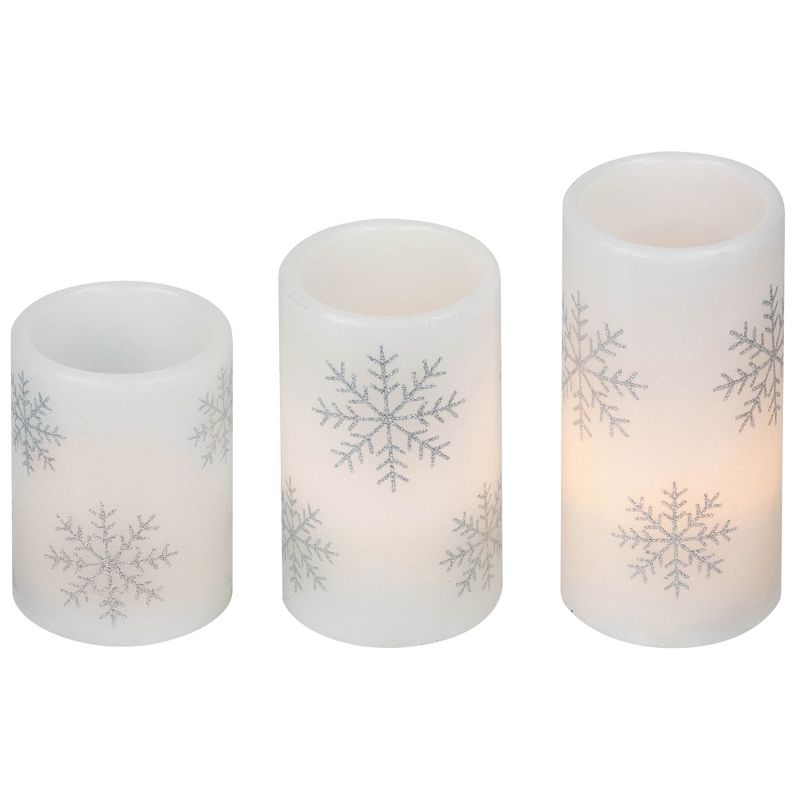 Northlight Set of 3 Flameless Silver Snowflakes Flickering LED Christmas Wax Pillar Candles 6", 5 of 8
