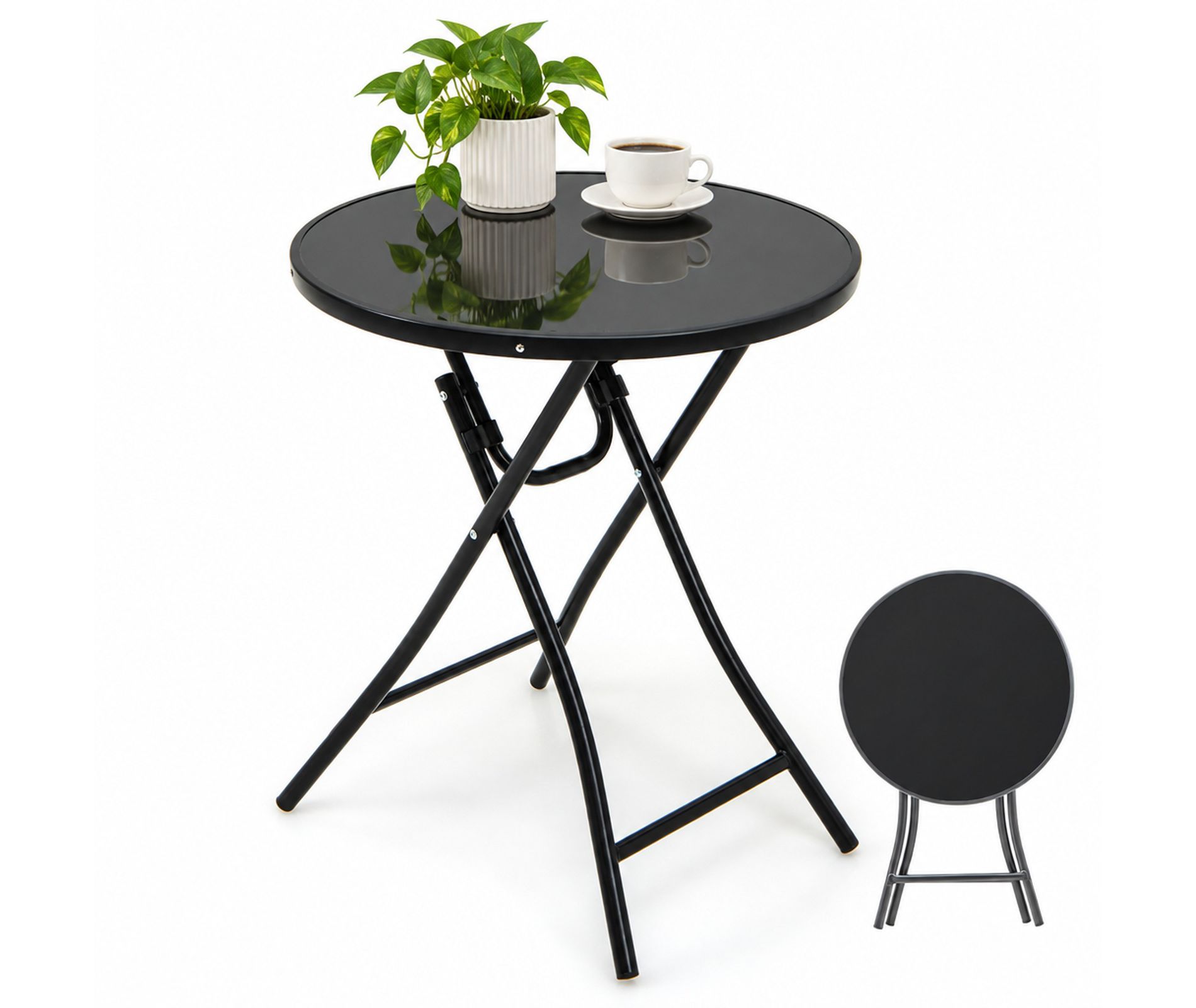23 Inch Round Bistro Patio Dining Table with Tempered Glass Top, Folding Small Outdoor Table, Black