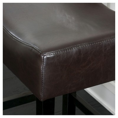 Brown Leather and Wood Backless Saddle Counter Stools, Set of 2
