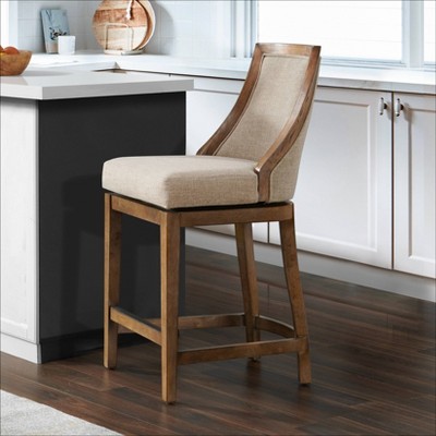 Ellie 29.5'' Brown Rubberwood Swivel Counter Height Stool with Beige Seat