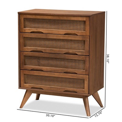 Walnut Brown Mid-Century Wood and Rattan 4-Drawer Chest