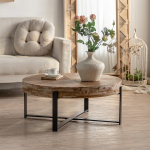 Round Coffee Table Modern Circle Coffee Table With Fir Wood Table Top Cross Legs Base - 1 of 4