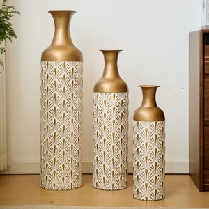 ORRD Set of 3 White and Gold Floor Vases, Modern Fan Pattern Metal Home Decor - Tall Vases for Living Room, Wedding & Holiday Decor - 1 of 4