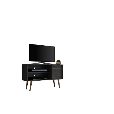 Black Mid-Century Modern TV Stand with Cabinet and Shelves