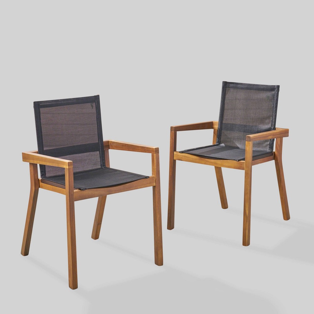 Belfast 2pk Acacia Wood/Mesh Patio Dining Chair - Teak - Christopher Knight Home: Weather-Resistant, Traditional Style