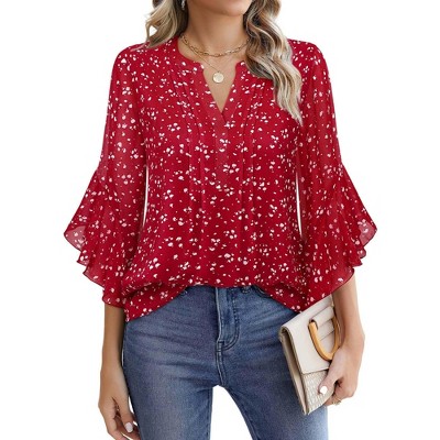 Women's 3/4 Sleeve Chiffon Blouse Dressy Casual Business Work Tops Lightweight V-Neck Ruffled Hem Shirts