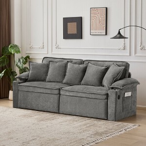 82.7"W 3-in-1 Convertible Sofa Bed with USB Charging, Storage & Cup Holders, Corduroy Sofa Couch Chaise Lounge - ModernLuxe - 1 of 4