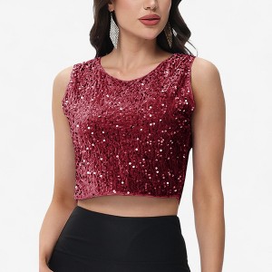 Anna-Kaci Women's Sleeveless Sequin Crop Top with Round Neckline and Sparkle Embellishment - 1 of 4