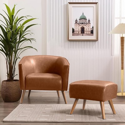 Accent Chair with Ottoman Modern Barrel Chair Footrest Mid Century Upholstered Armchair for Living Room Bedroom Office