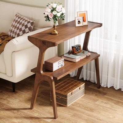 APRILSOUL Solid Wood Side Table 2-Tier Farmhouse Couch Side Table, Rustic Slim Tall Sofa End Table with Storage Shelf for Living Room