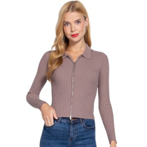 Slickblue Women's Zipper Front Sweater with Notched Collar, Long Sleeve Knit Top, Brick/Cream Beige/Dusk Mauve, Size S-L - 1 of 4