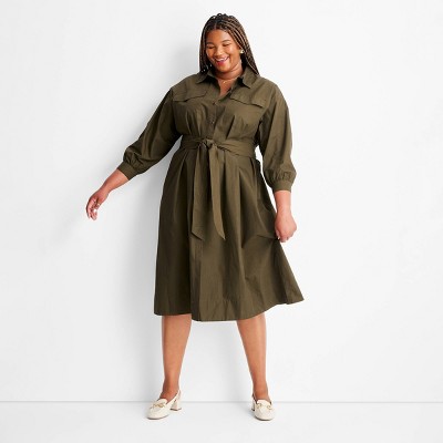 Women's Belted Maxi Shirtdress - Future Collective Dark Olive Green