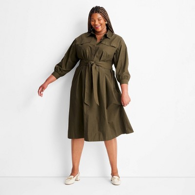 Women's Belted Maxi Shirtdress - Future Collective Dark Olive Green 4X