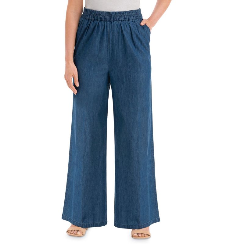 Collections Etc Pull-On Denim Wide-Leg Pants with Elasticized Waist, 3 of 5