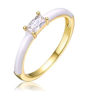 Young Adults/Teens 14k Yellow Gold Plated with Baguette Cubic Zirconia Solitaire White Enamel Slim Stacking Ring - 1 of 2