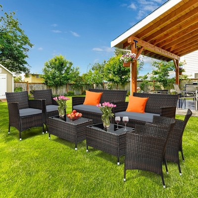 Tangkula 8PCS Patio Rattan Conversation Furniture Set Outdoor w/ Brown & Gray Cushion