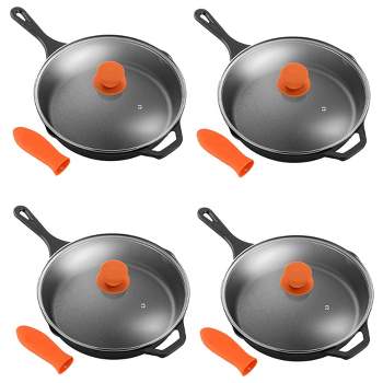 Nutrichef 10 Inch Pre Seasoned Nonstick Cast Iron Skillet Frying Pan  Kitchen Cookware Set W/ Tempered Glass Lid & Silicone Handle Cover (2 Pack)  : Target