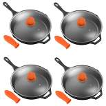 NutriChef 12 Inch Pre Seasoned Nonstick Cast Iron Skillet Frying Pan Kitchen Cookware Set with Tempered Glass Lid and Silicone Handle Cover (4 Pack)