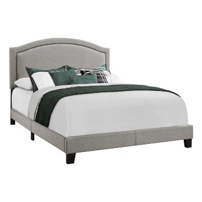 Monarch Specialties Bed Queen Size Platform Bedroom Frame Upholstered Linen Look Wood Legs Grey Chrome Transitional