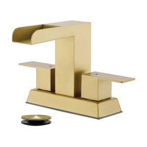 Cobbe Bathroom Faucet 4-Inch Double Handle with Pop-Up Drain and Supply Hoses Centerset Vanity Sink Faucets Brushed Gold - 1 of 4