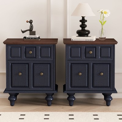 ORRD Dark Blue Vintage Nightstand with 2 Drawers & Roman Column Legs, Solid Wood Bedside End Table Set of 2 for Bedroom