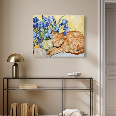 Blissful Nap Orange Cat with Blue Flowers Canvas Wall Art