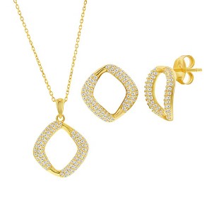 Bella Silver Sterling Silver, Pave CZ Square Necklace & Earrings Set - Gold Plated - Gold - 16+2 Inch - 1 of 4