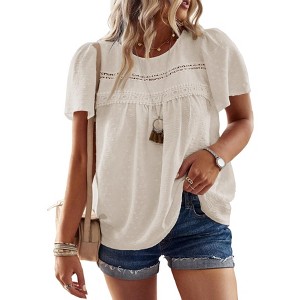 Plus Size Womens Summer Tops Crewneck Short Sleeve Shirts Casual Chiffon Blouses Flowy Lace Boho - 1 of 2