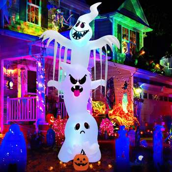 Tangkula 10FT Tall Halloween Inflatable Stacked Ghosts w/ Built-in RGB Lights Inflatable Overlap Ghosts Halloween Decor w/ Ropes & Stakes