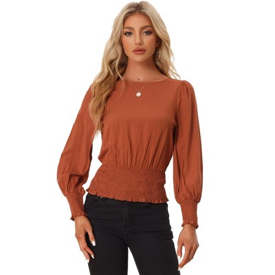 Allegra K Women's Round Neck Shirred Lantern Long Sleeve Peasant Shirt